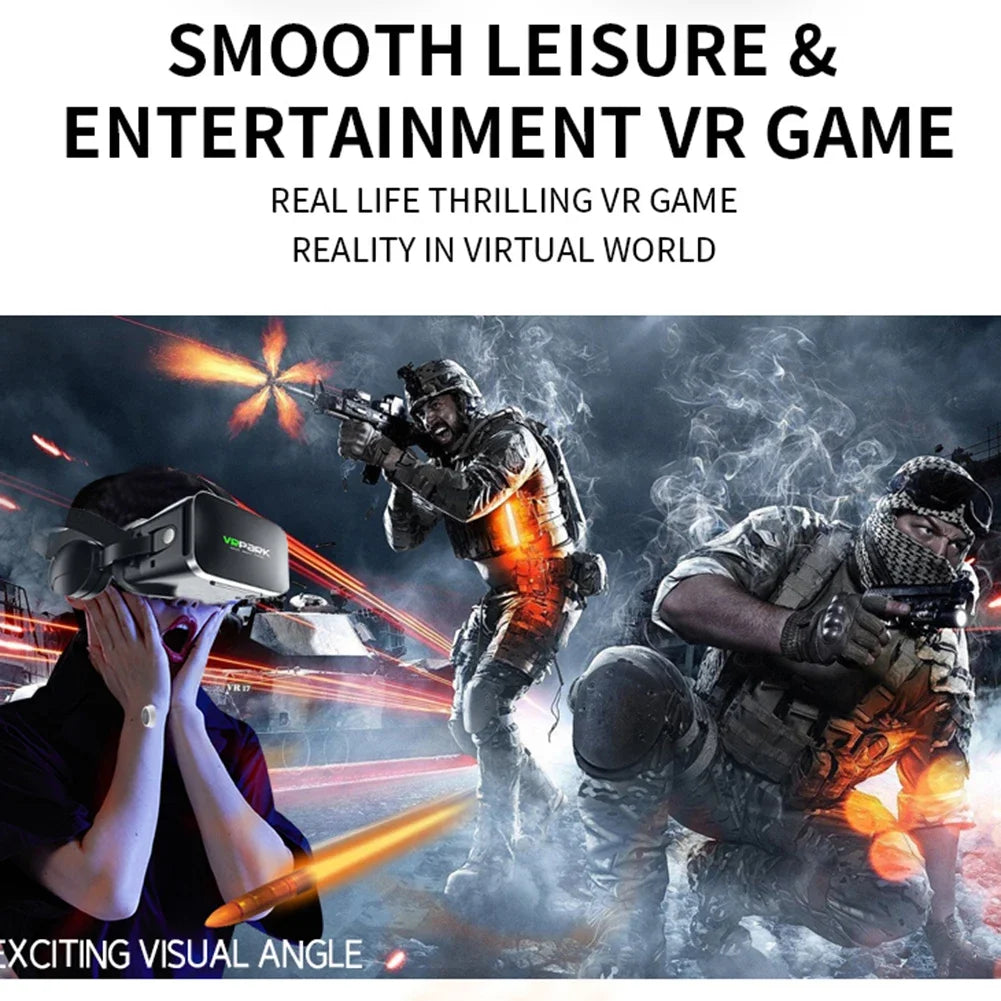 A person wearing a black, sleek VR headset, overlaid against a dramatic, action-filled battlefield scene.