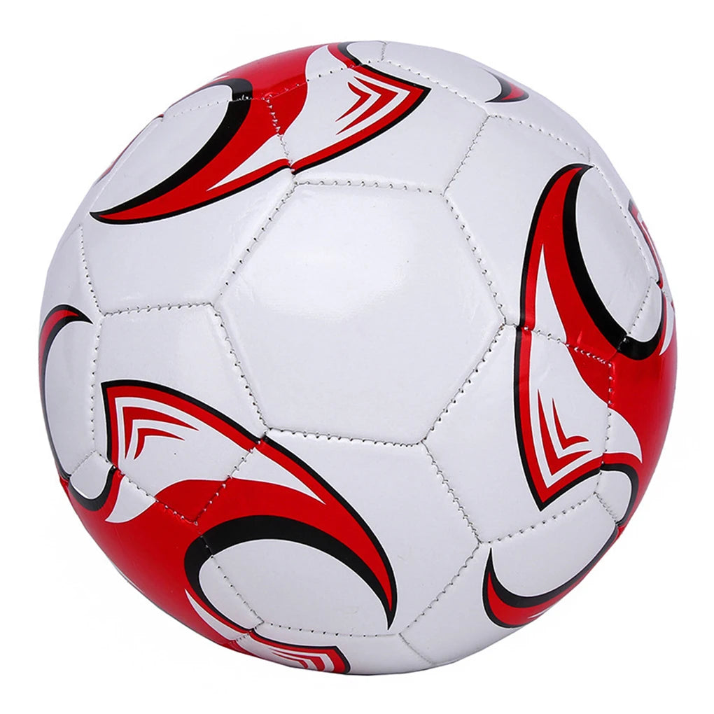 White football with a dynamic red and black graphic design and traditional stitched panel construction.