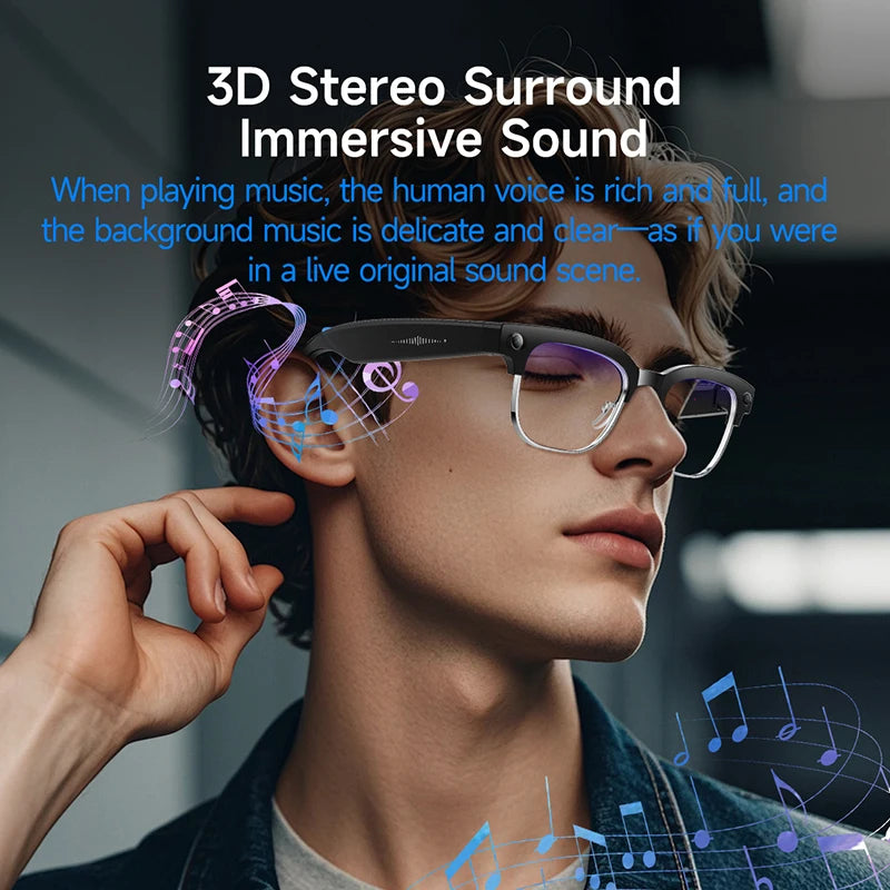 Stylish black smart glasses with a built-in camera, worn by a man with musical note graphics around his ears.