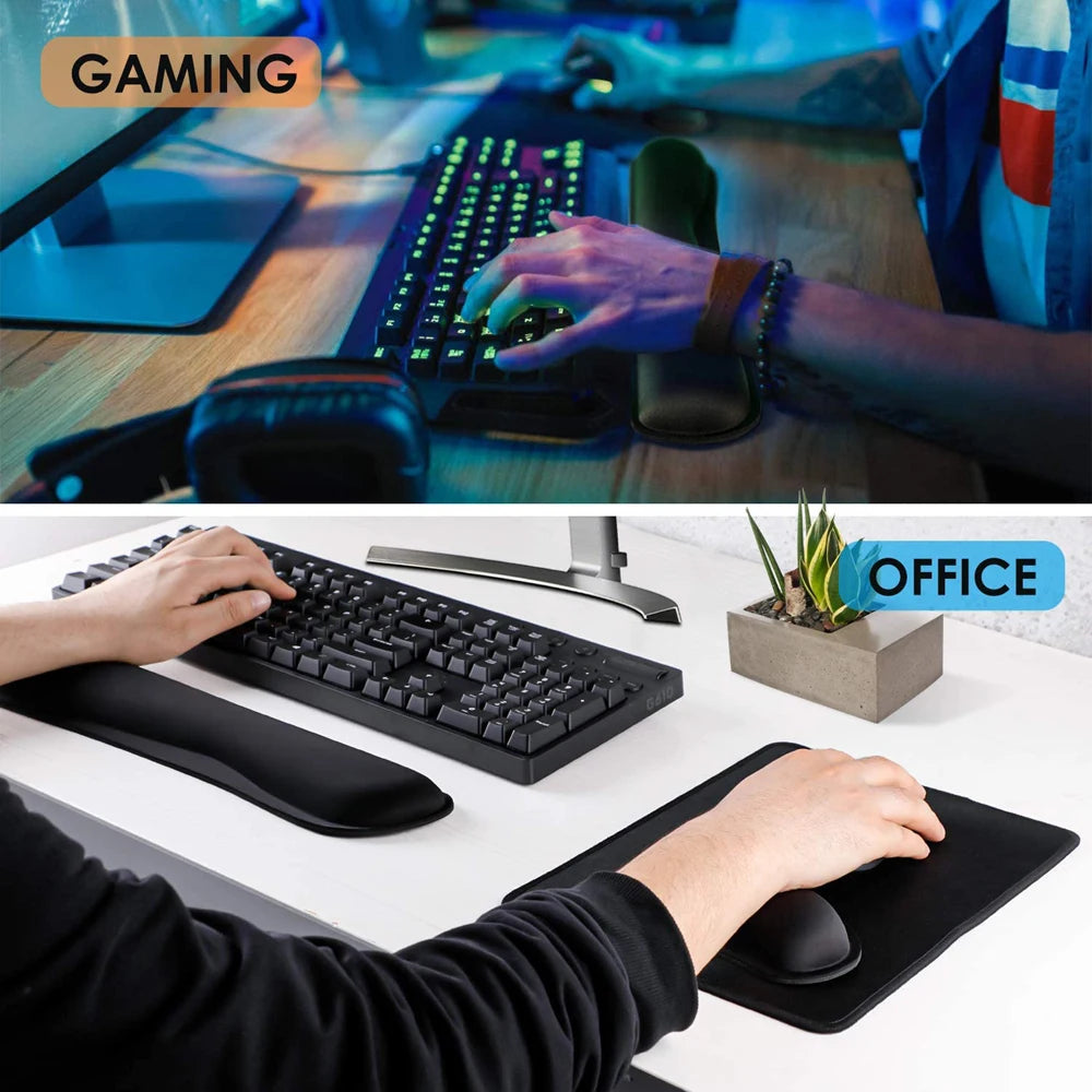 Black foam keyboard and mouse wrist rests, designed for ergonomic support during office or gaming desk work.
