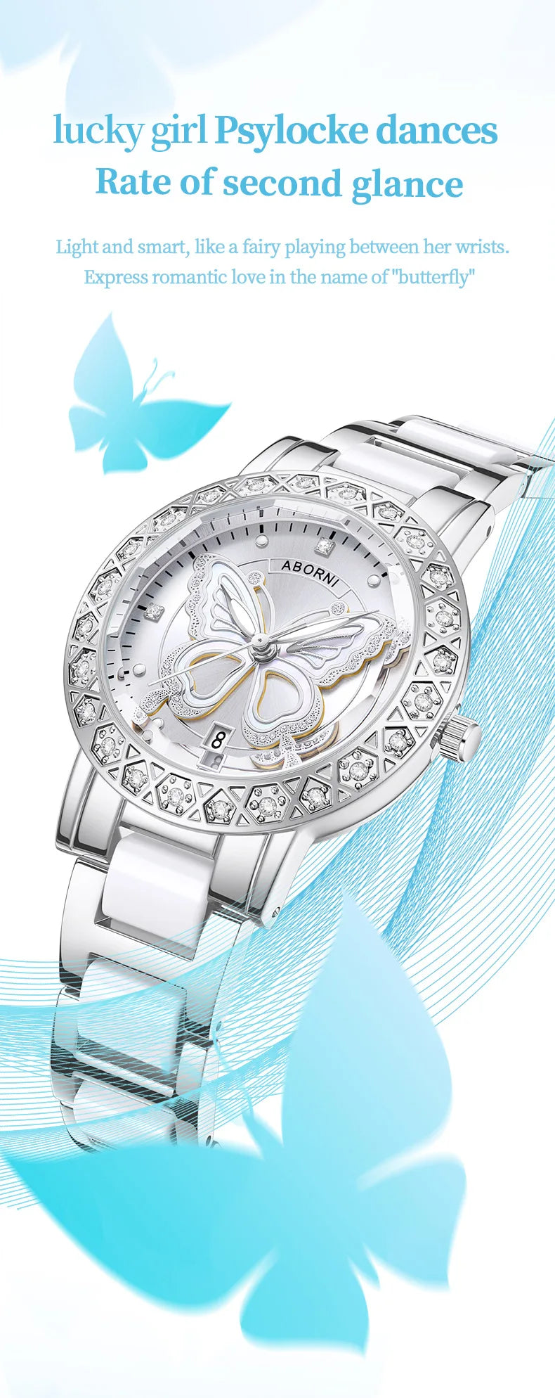 Luxury silver women’s watch with a butterfly dial, crystal-set bezel and a white ceramic-link bracelet.