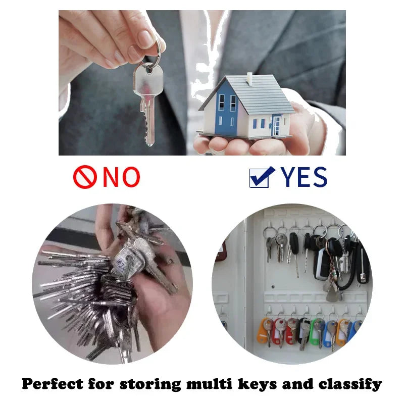A white plastic key cabinet featuring metal hooks for organized key storage, compared against a messy key ring.
