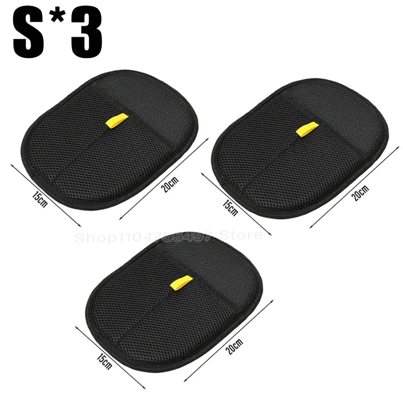 Three black oval mesh storage pockets for car seats, each measuring 15cm by 20cm with a small yellow pull tab.