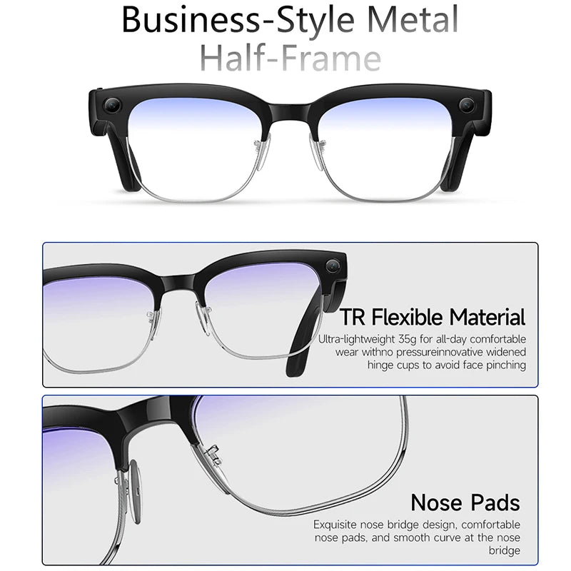 Smart glasses with black half-frame, integrated cameras, blue-tinted lenses, and adjustable nose pads.