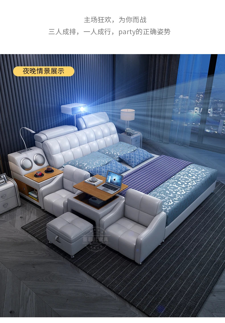 Modern white padded storage double bed with built-in side tables, speakers, pop-up desk, chairs, and footstool.