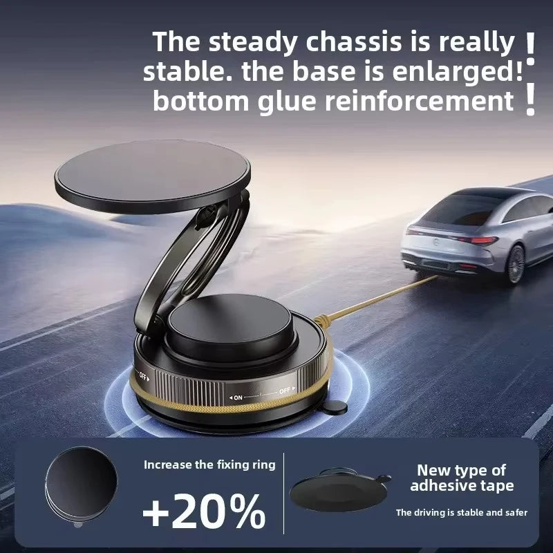 Adjustable black car phone holder with an enlarged, adhesive, stable base featuring a secure locking ring mechanism.