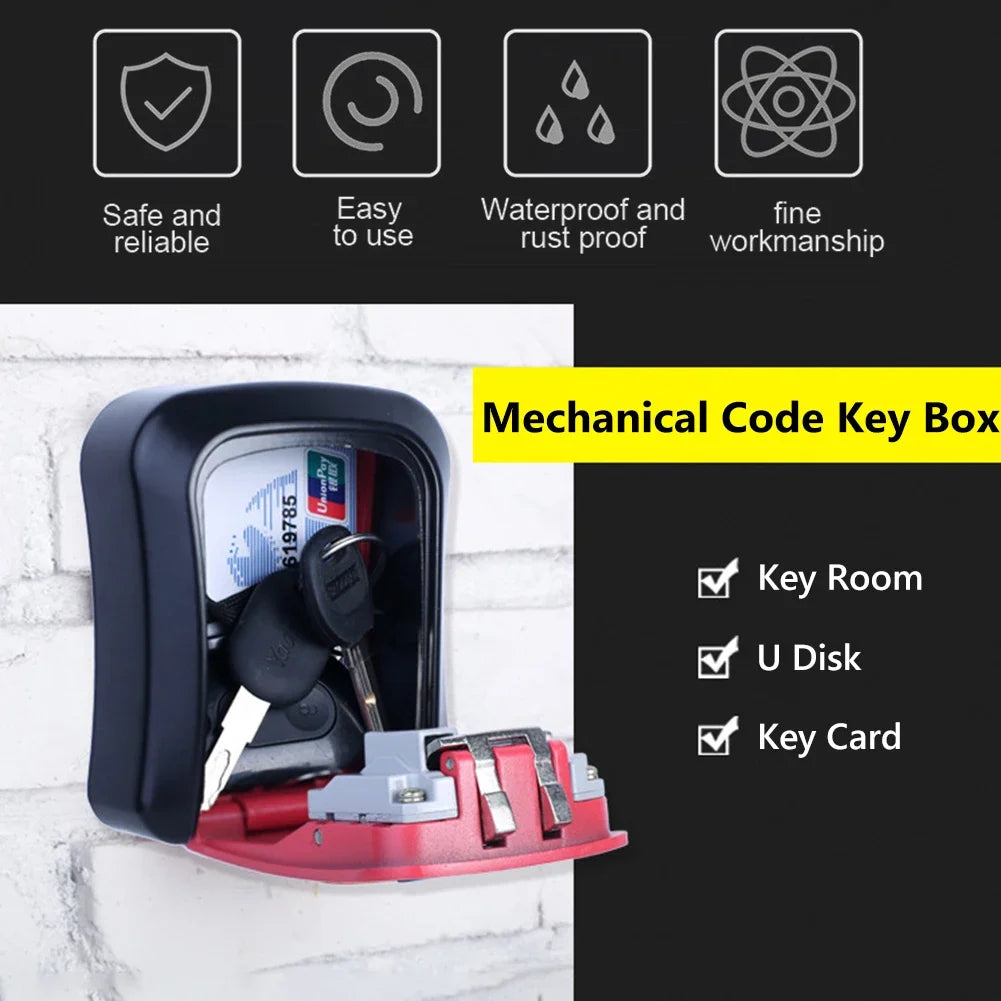 Black mechanical metal key lock box mounted on a white wall, shown open with keys, a card, and a U disk inside.
