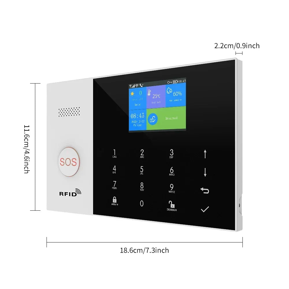 Slim, white and black smart alarm panel with a colour touchscreen, numeric keypad, RFID sensor and SOS button.