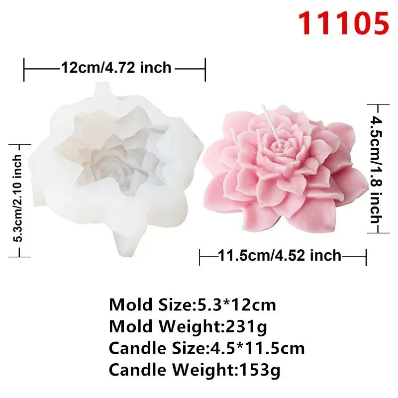 Translucent white silicone flower mold with a finished pink layered rose candle, with dimension labels.