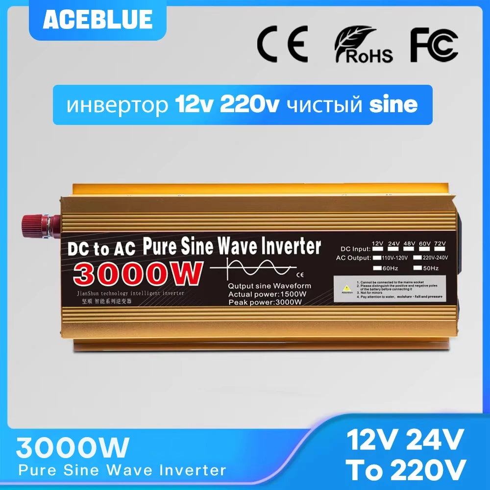 Gold 3000W DC to AC pure sine wave power inverter with 12V input and 220V output.