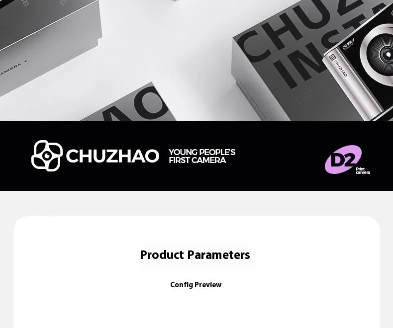 Silver and black CHUZHAO D2 instant print camera with product packaging.
