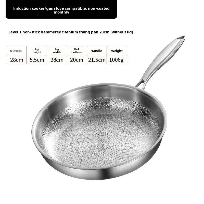 A 28cm non-stick hammered titanium frying pan with a long handle, shown with a product specification table.