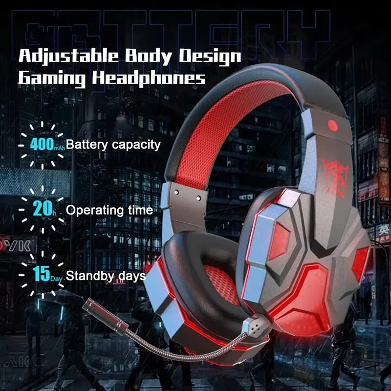 Black and red gaming headset with microphone, adjustable headband, cushioned ear cups, and glowing red LED accents.