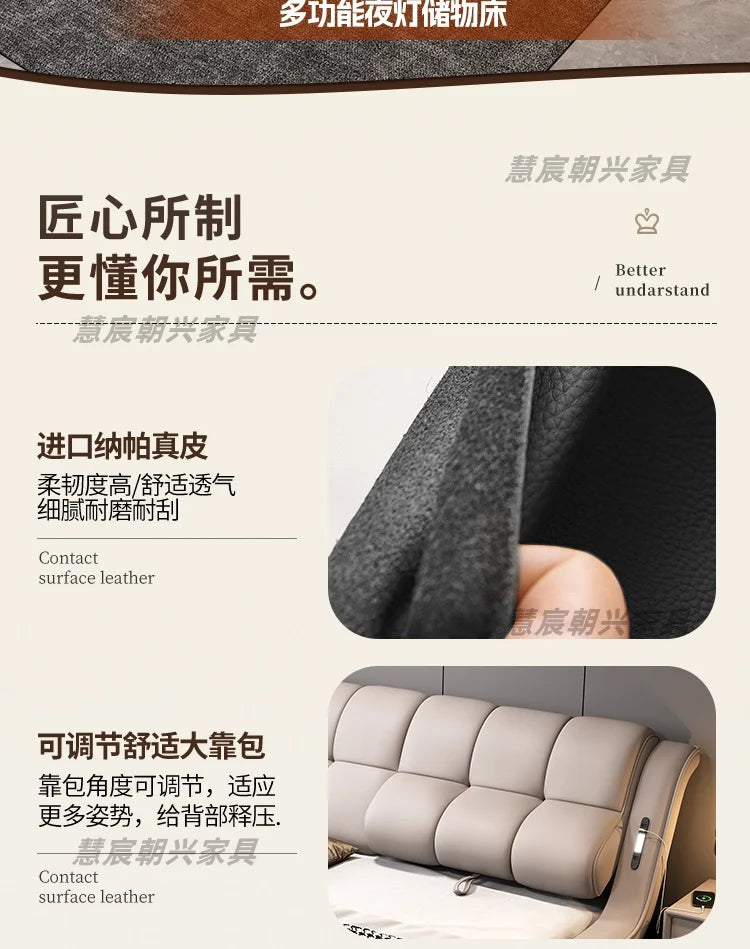 Modern grey genuine leather bed frame with an adjustable cushioned headrest and integrated side lighting.