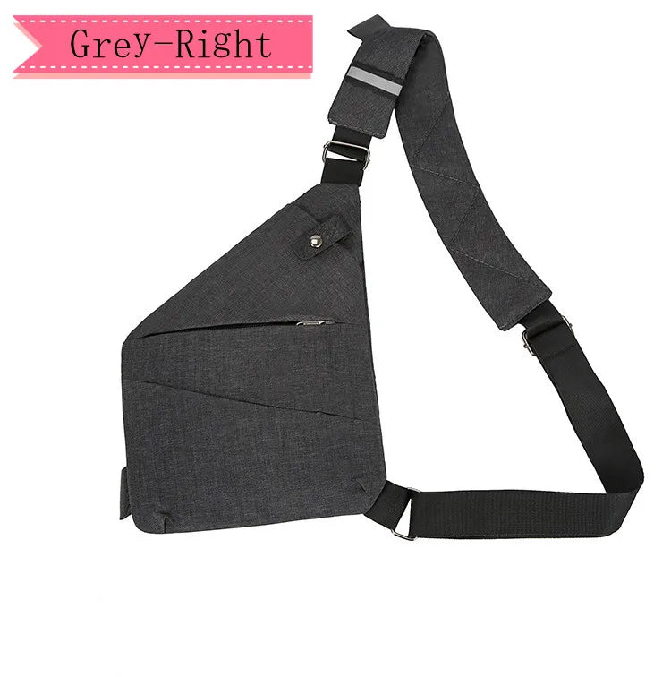Grey men’s slimline waterproof crossbody chest bag with adjustable shoulder strap and zip pockets.