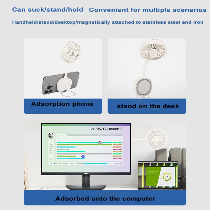White portable mini fan with flexible neck, magnetic base for phone attachment, desktop standing, or monitor mounting.