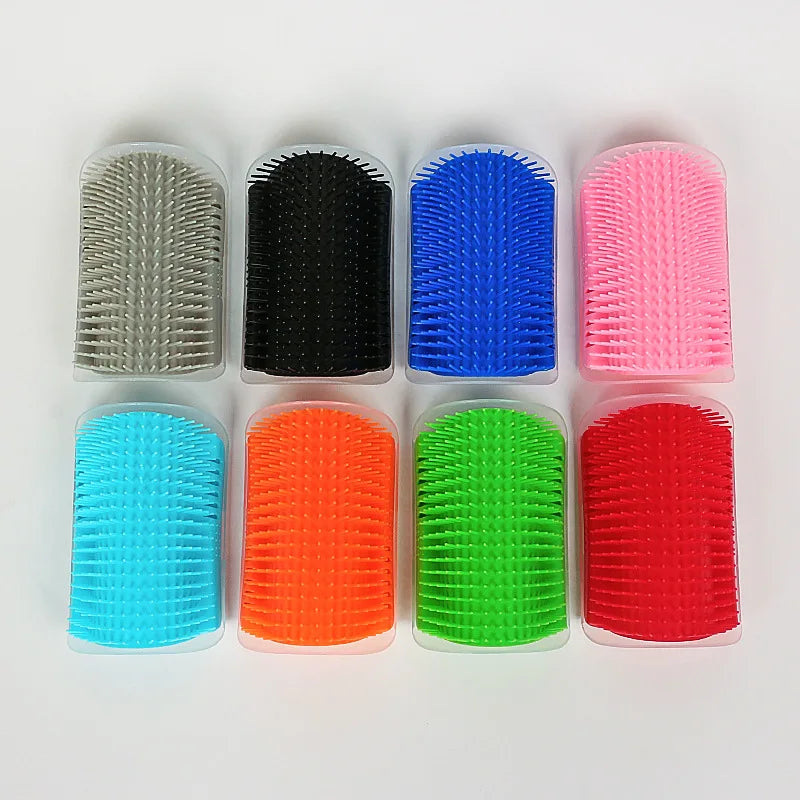 Eight colourful self-grooming cat wall brushes with plastic bristles, arranged in two rows on a white background.