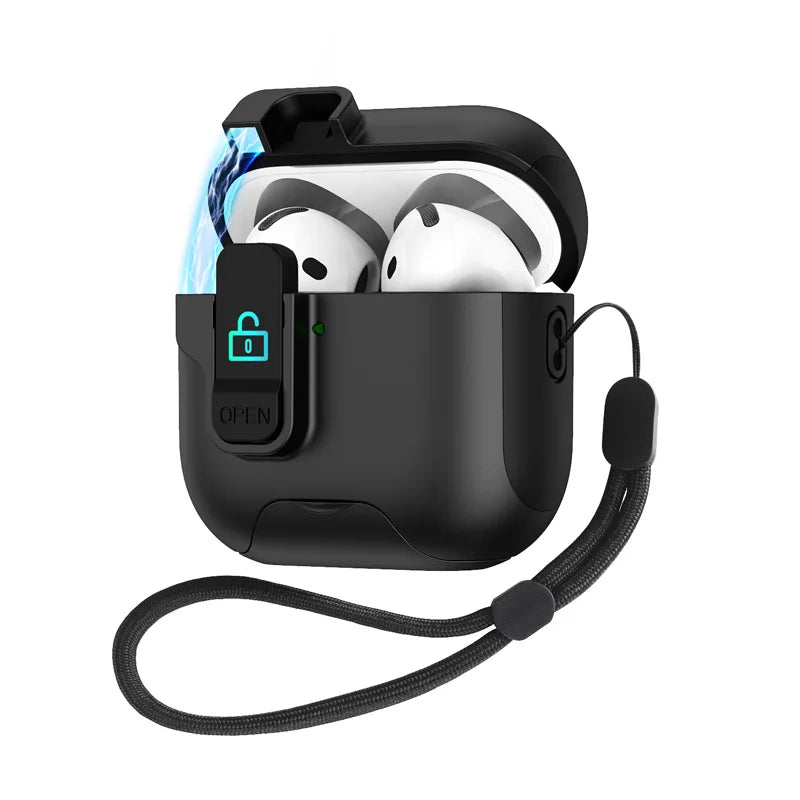 Black protective silicone case for AirPods 3 with secure latch, locking mechanism, and wrist lanyard.