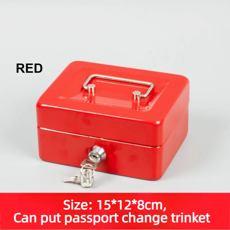 Small red metal cash box with a silver handle, key lock, and two keys, measuring 15 by 12 by 8 centimeters.