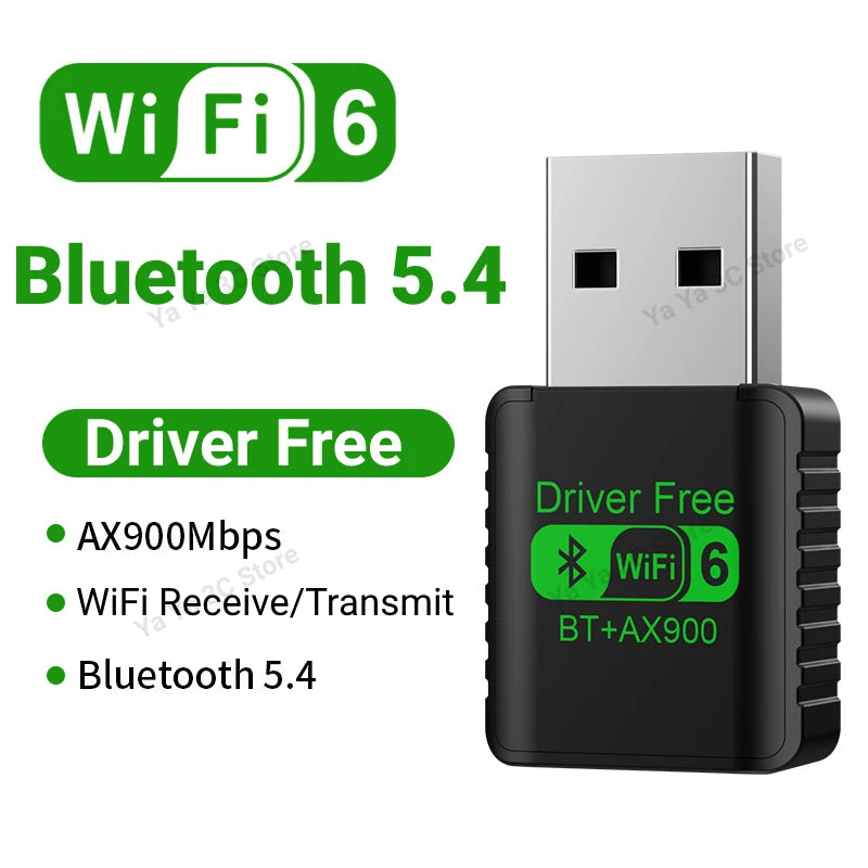 Compact black USB wireless adapter supporting WiFi 6, Bluetooth 5.4, and AX900 speeds with plug-and-play functionality.