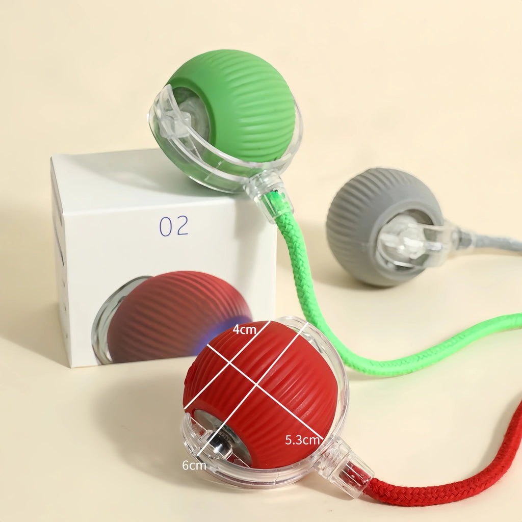 Interactive dog toy balls in green, red, and grey, featuring a textured design, clear casing, and colourful rope tails.