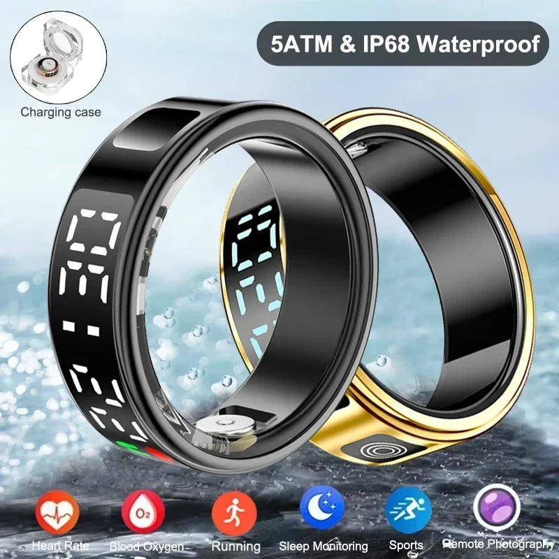 Black and gold waterproof smart health tracker rings with a charging case, featuring digital fitness and sleep tracking.