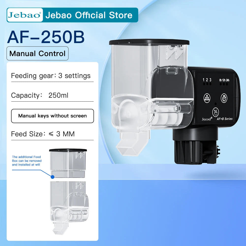 Black automatic aquarium fish feeder with a 250ml clear plastic food hopper and manual control buttons.