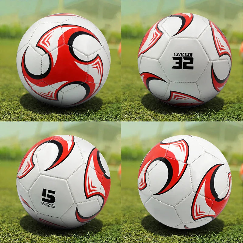 White size 5 football featuring 32-panel construction and a dynamic red and black graphic design on a grass field.