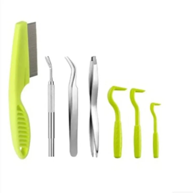 Set of lime green and silver tick removal tools, including a comb, tweezers, and hooked removers.