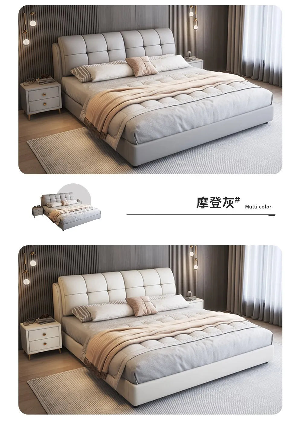 Minimalist queen bed frame with a button-tufted headboard in grey and white options, featuring a sleek, low-profile base.