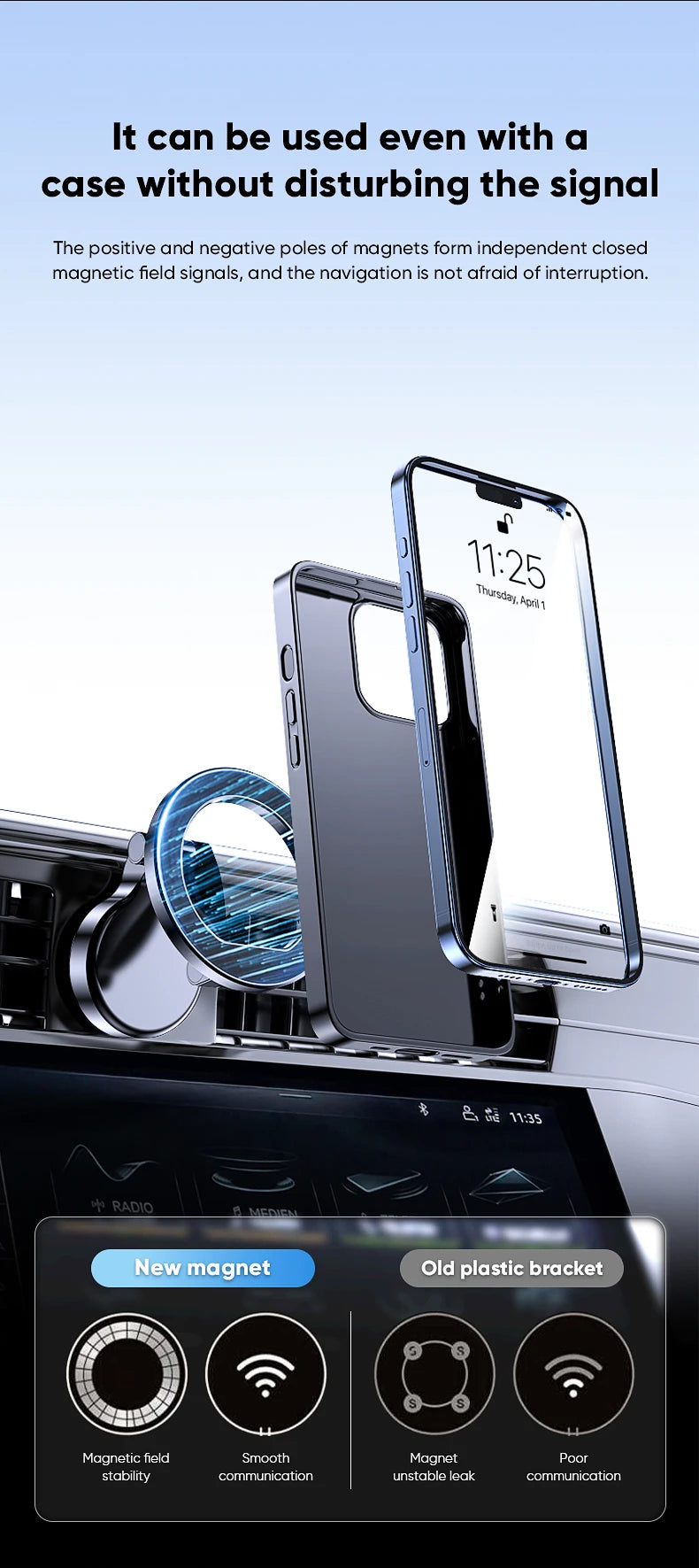Blue magnetic car phone mount for air vents, shown holding a smartphone in a protective case for stable connectivity.