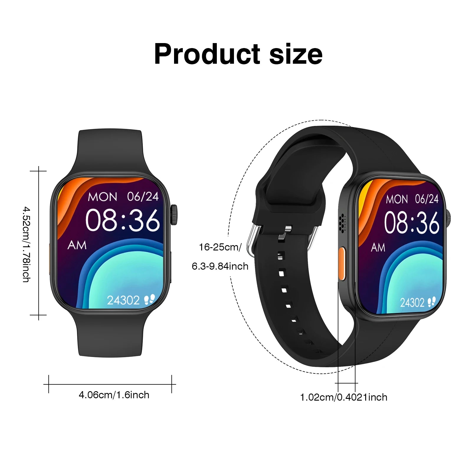 Black smartwatch with a 2.02-inch HD screen showing time and fitness data, displayed with detailed size dimensions.