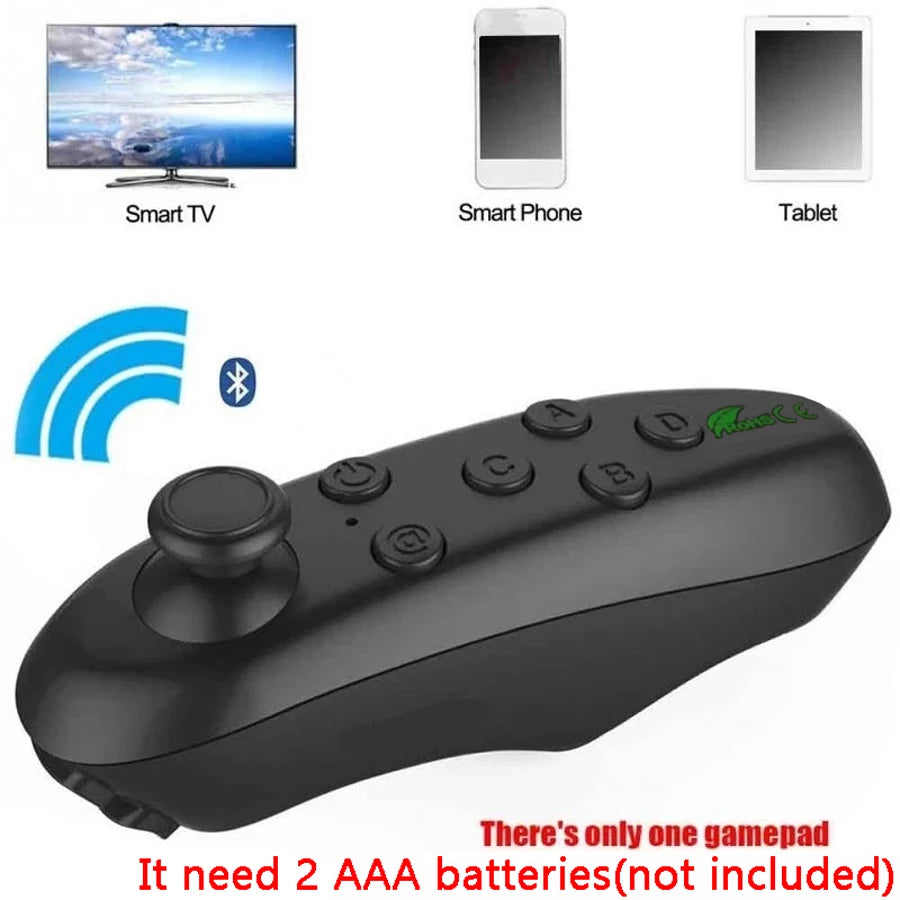 Black wireless handheld Bluetooth gamepad controller with a joystick and multiple buttons for phones, tablets, and TVs.