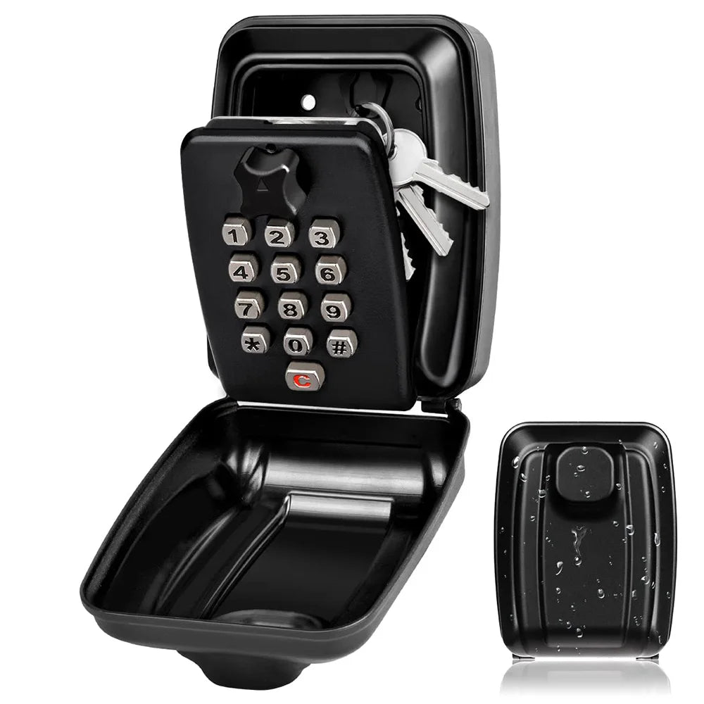 Black metal wall-mounted key lock box with a hinged cover and a push-button numerical combination keypad.