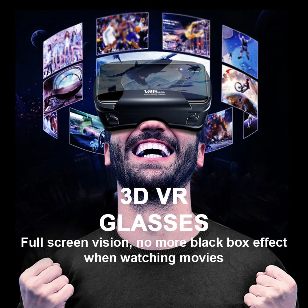 A man wearing black 3D VR glasses, surrounded by floating screens, appearing excited against a dark background.