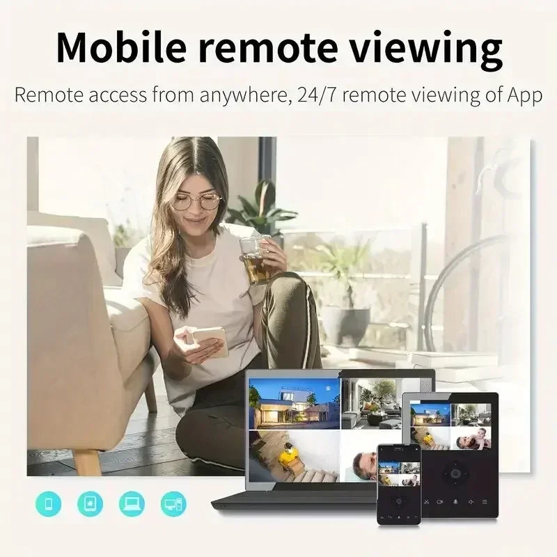 Black plastic smart security camera system with tablet and smartphone screens displaying remote live video feeds.