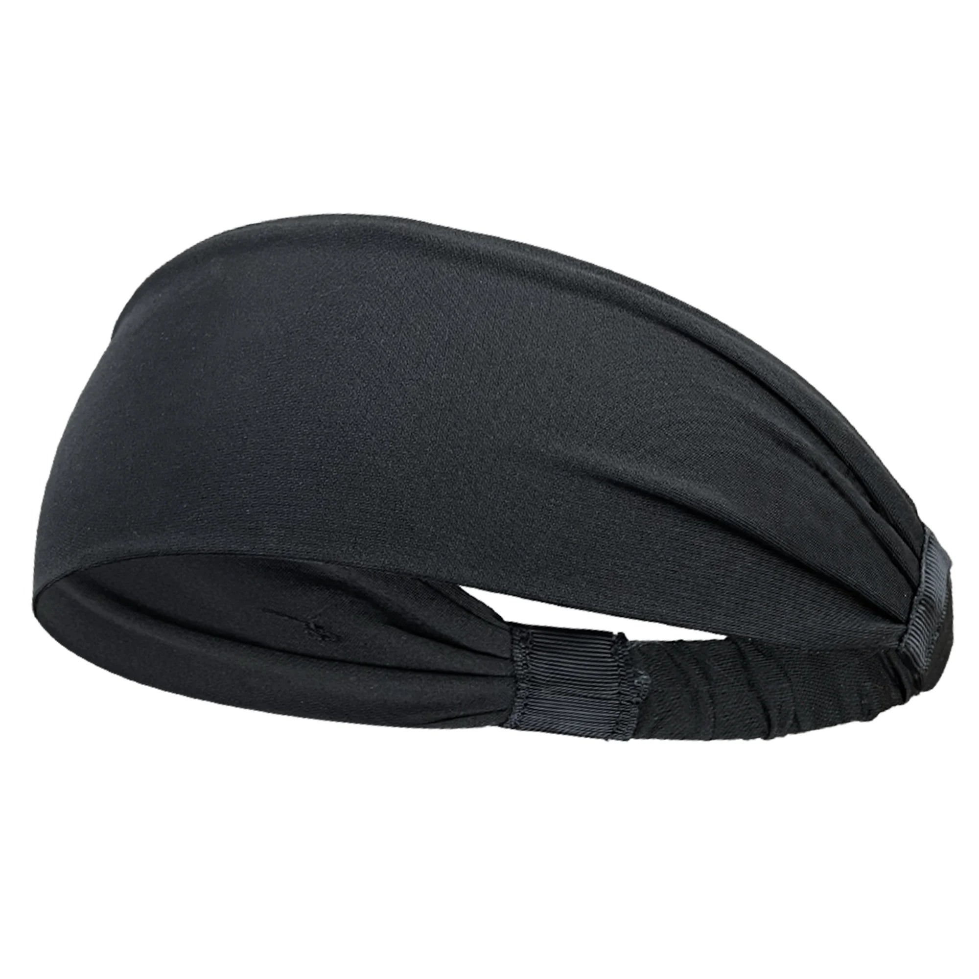 A wide, black fabric headband with ruched detailing and an elasticated strap at the back.