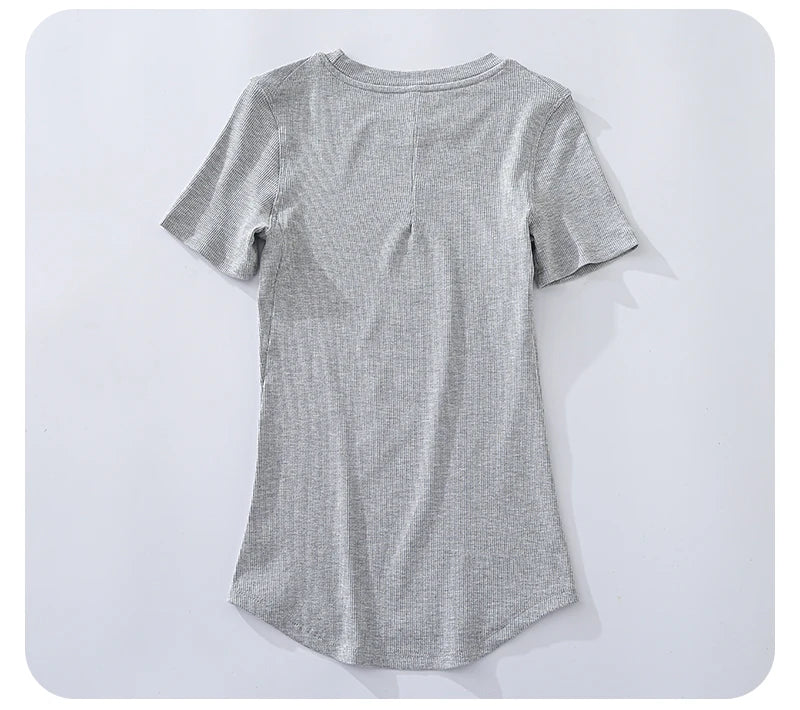 Back view of a grey short-sleeved t-shirt in soft ribbed fabric with a round neckline and curved hem.