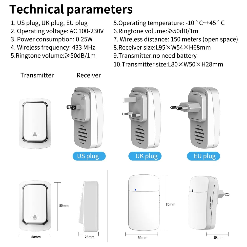 White, battery-free wireless doorbell kit. Includes a sleek transmitter and a plug-in receiver with 38 chimes.