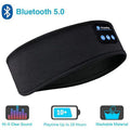Black wireless Bluetooth sleep headband with integrated control panel, hi-fi sound, 10+ hour battery, and washable fabric.