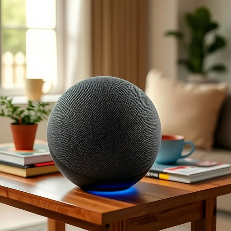 A spherical, dark grey fabric-covered Bluetooth speaker with a glowing blue RGB light base on a wooden table.