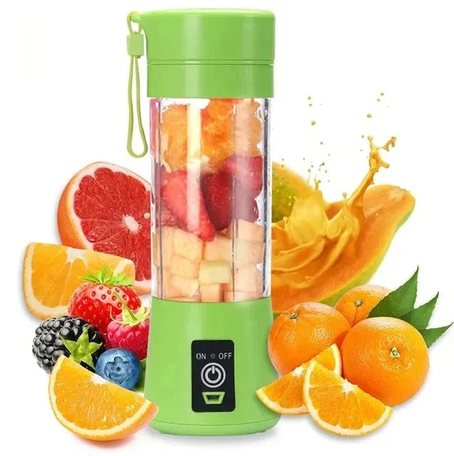 Portable lime green electric fruit blender filled with chopped fruit, surrounded by a variety of fresh citrus and berries.