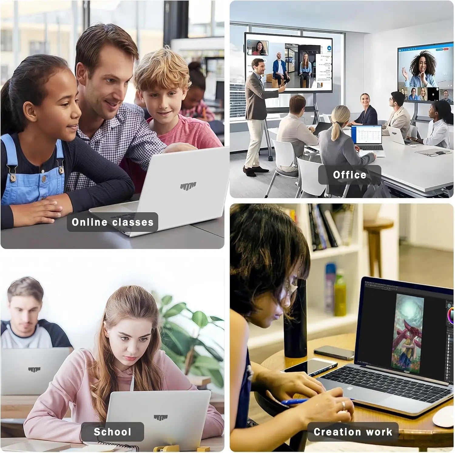 Sleek silver 15.6-inch laptop in use for education, office meetings, and creative work.