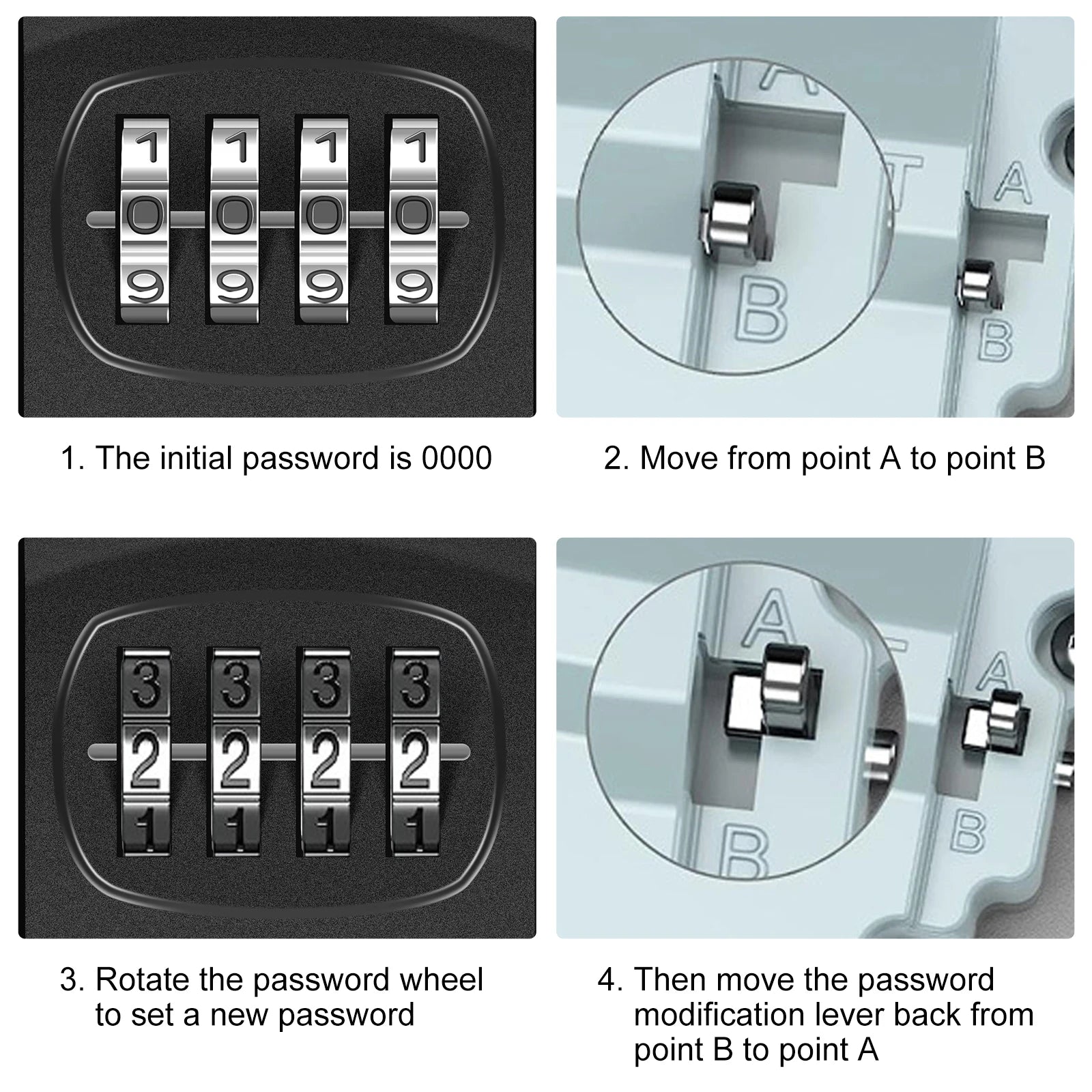 Four-digit silver metal combination lock wheels and a light blue plastic setting lever shown in an instructional grid.