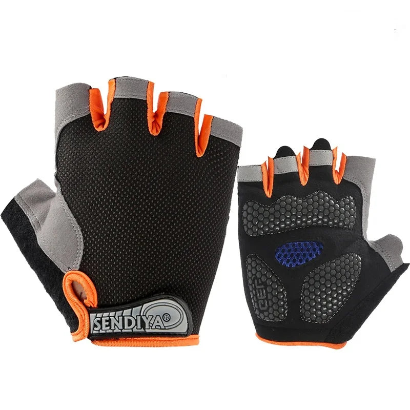 Black, grey, and orange fingerless cycling gloves with textured grip palms and a Sendiya logo wrist strap.