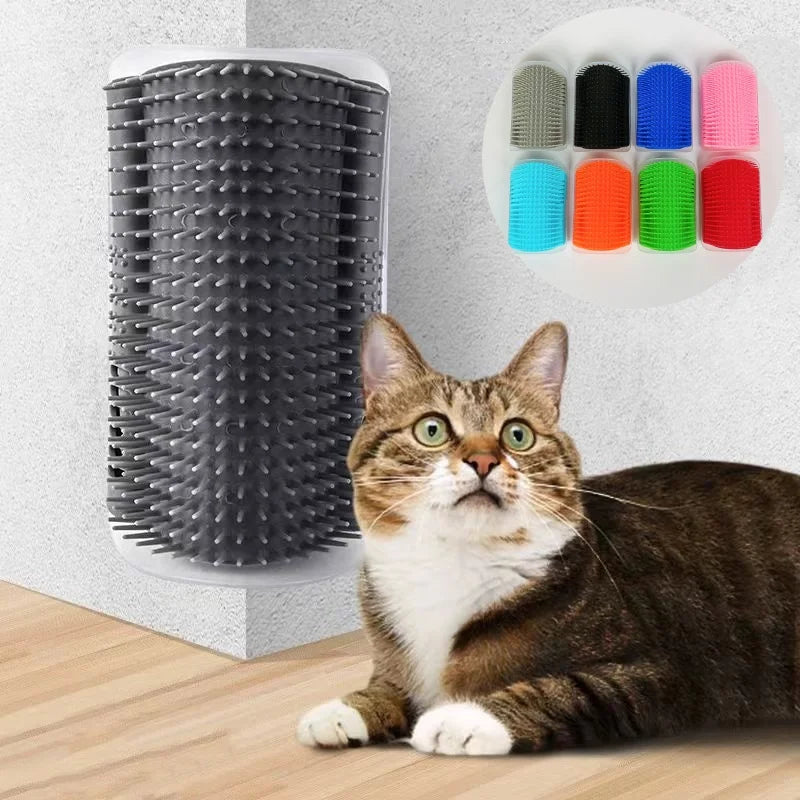 Grey silicone cat self-groomer mounted on a corner, with a tabby cat nearby and colour options shown in an inset.