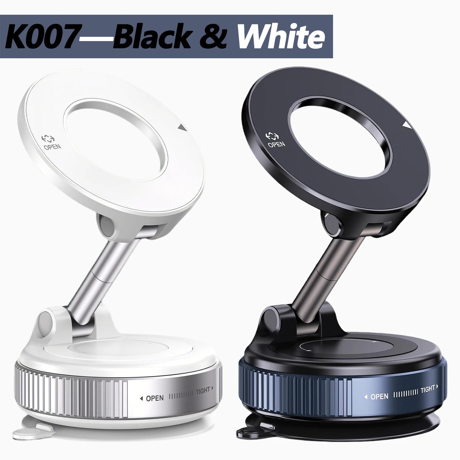 Two adjustable, circular magnetic phone holders in black and white, featuring a foldable arm and rotating base design.