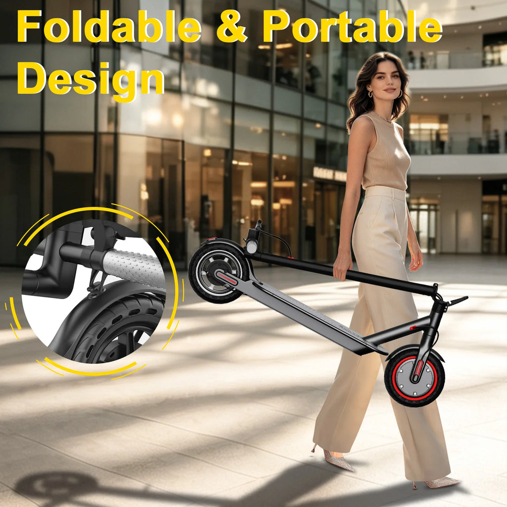 A woman carries a folded black AOVOPRO electric scooter with red wheel accents in a modern lobby.
