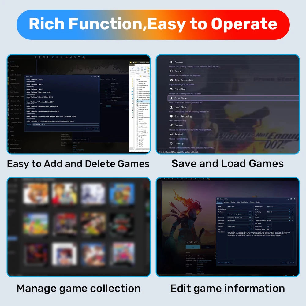Four screenshots of retro gaming software showing game libraries, save menus, and management tools.