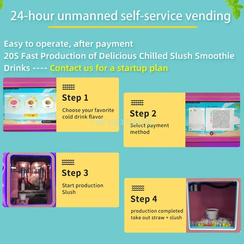 Infographic showing a fully automatic slush vending machine with a 4-step operating guide and touchscreen.